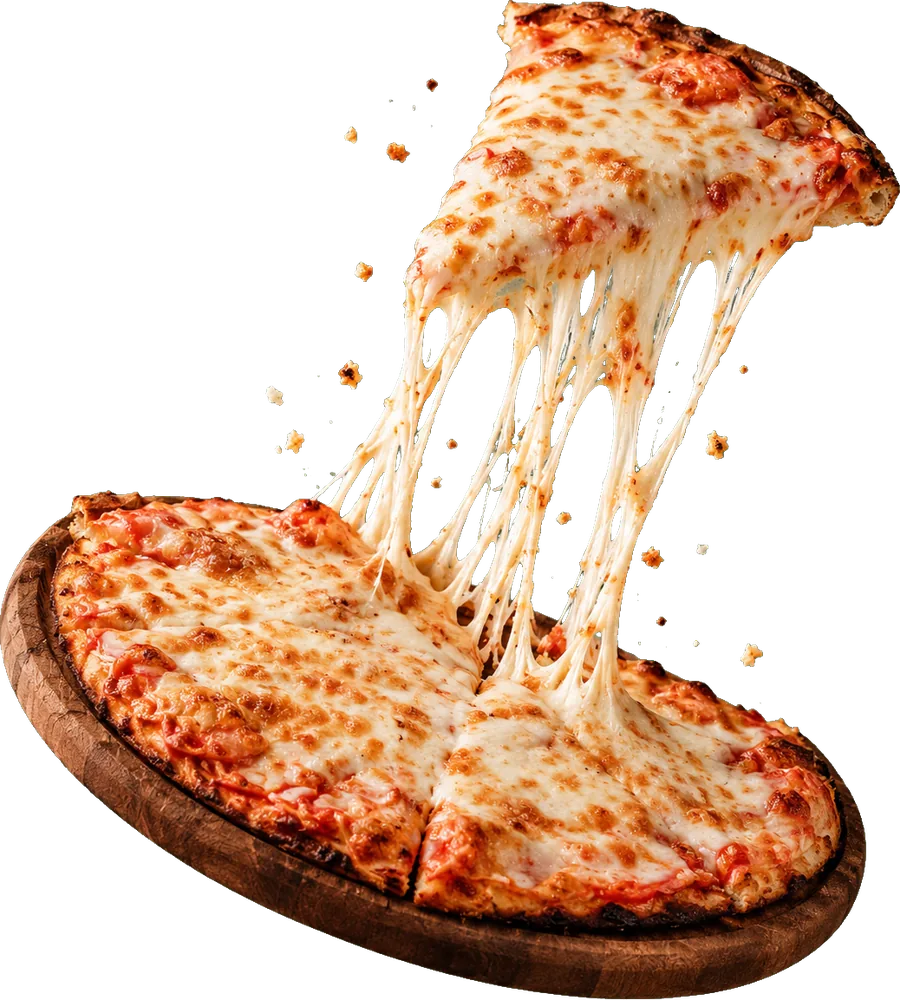 Porción de pizza de muzzarela levantándose de la pizza entera, con el queso estirándose.
